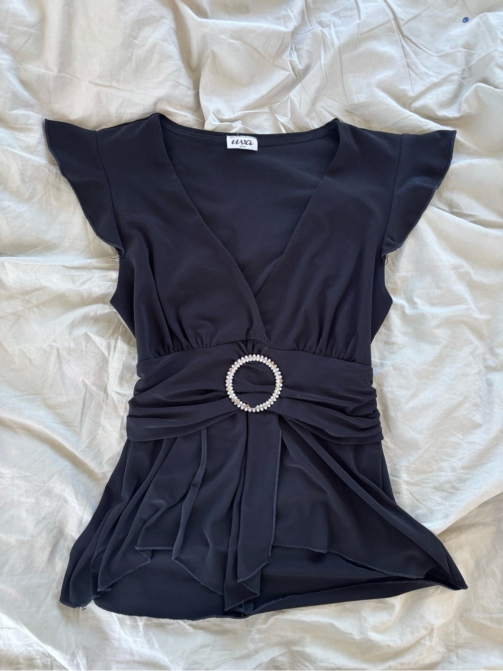 Black V-Neck Blouse with Rhinestone Buckle - Picture 2 of 3